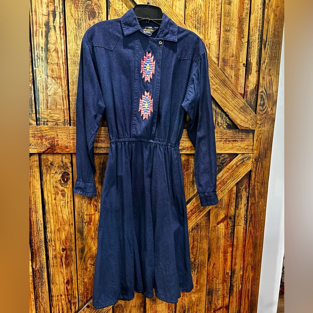 Panhandle Slim vintage denim dress Aztec design with pockets size 8
